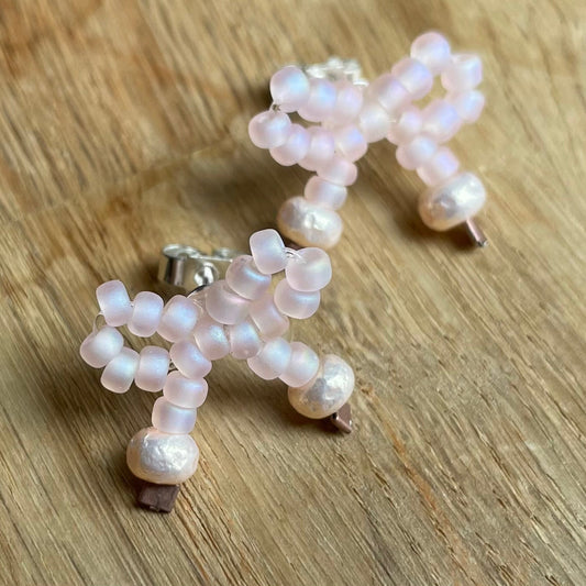 Sterling Silver Mini Bow Stud Earrings in Tea Rose Glass Miyuki Glass Beads