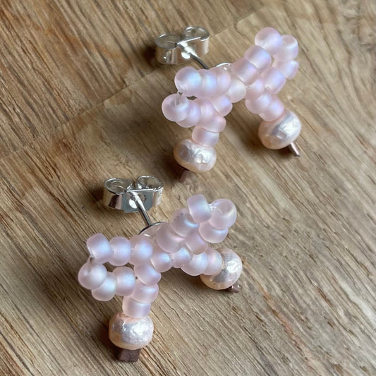 Sterling Silver Mini Bow Stud Earrings with Tea Rose Miyuki Glass Beads