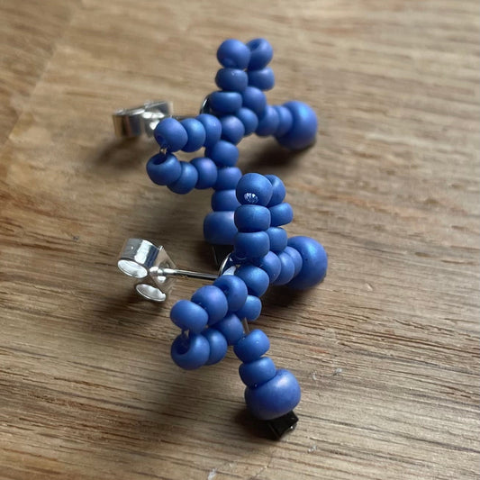 Sterling Silver Mini Bow Stud Earrings with Cornflower Glass Beads