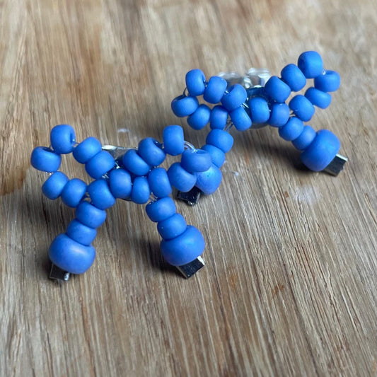 Sterling Silver Mini Bow Stud Earrings with Cornflower Blue Glass Beads