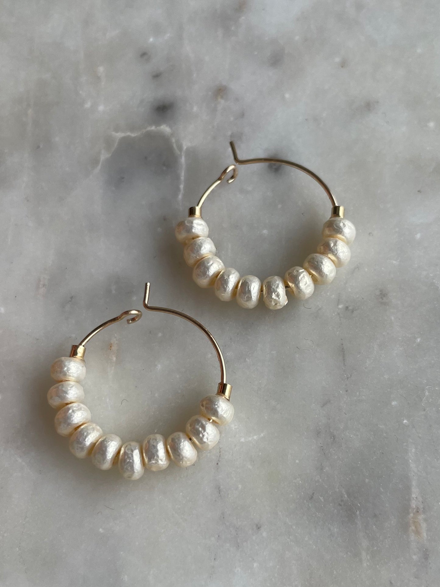 Medium Gold Plated Hoop Earrings with Pearl Style Glass Beads
