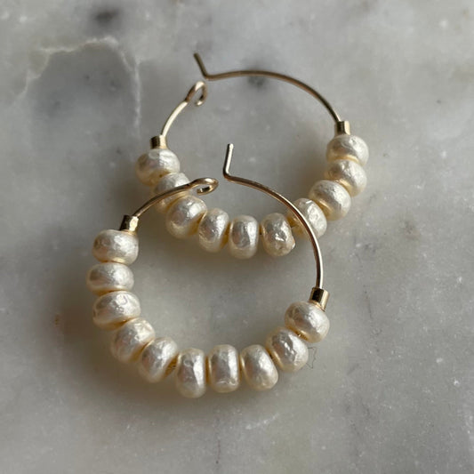 Medium Gold Plated Hoop Earrings with Pearl Style Glass Beads