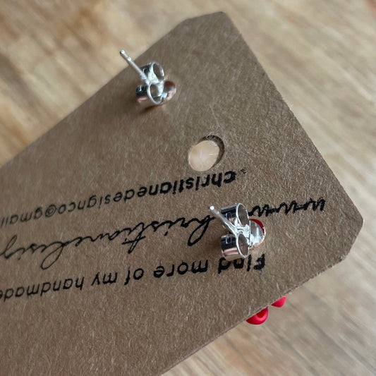 Sterling Silver Mini Bow Stud Earrings with Scarlet Red Glass Beads