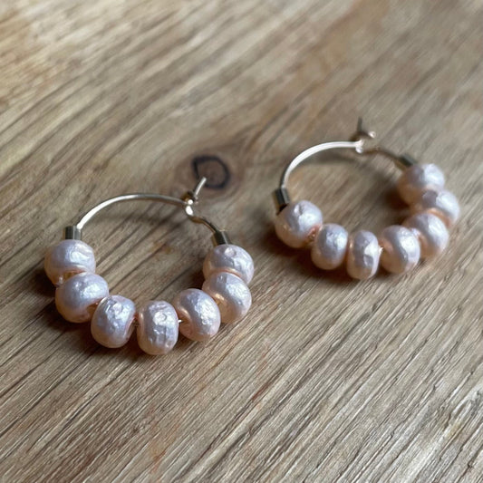 Mini Gold Filled Hoops Earrings with Pink Pearl Style Glass Beads