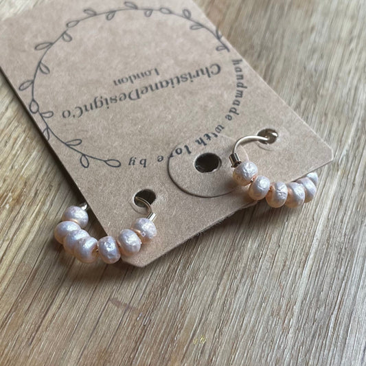 Mini Gold Filled Hoop Earrings with Rose Pearl Style Glass Beads