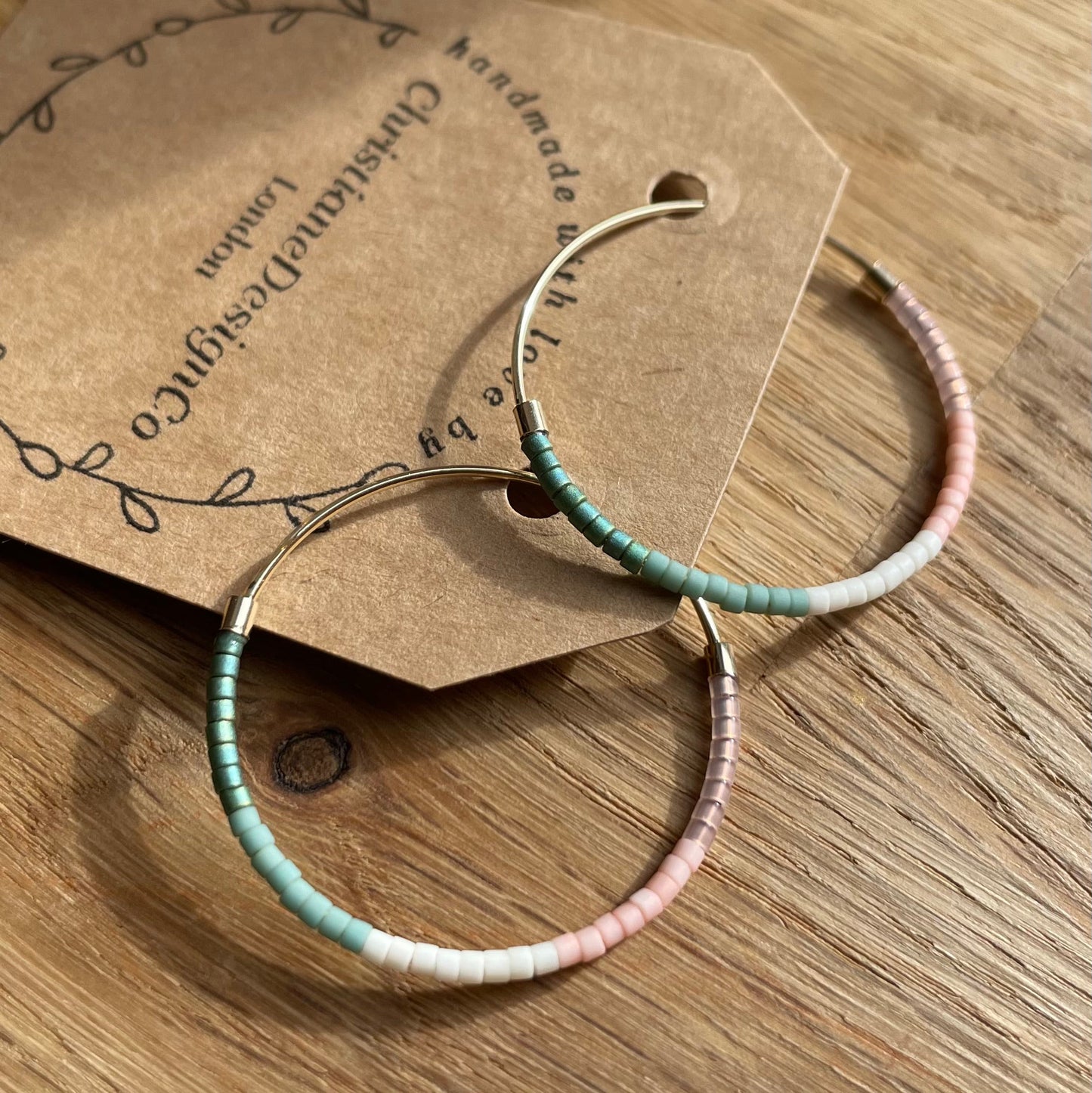 Large Gold Plated Hoop Earrings with Pastel Miyuki Glass Beads
