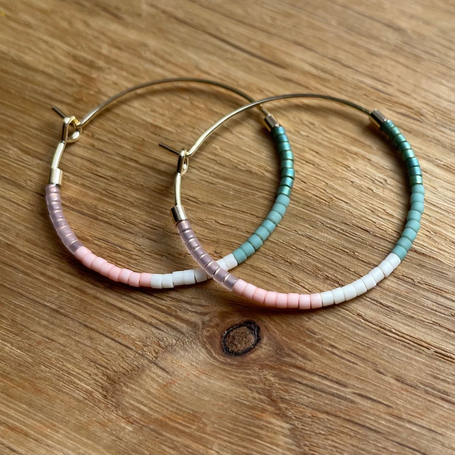 Large Gold Plated Hoop Earrings with Pastel Miyuki Glass Beads