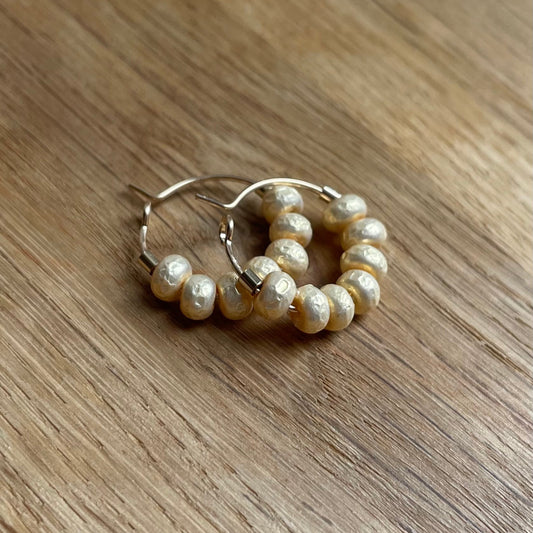 Mini Gold Filled Hoops Earrings with Gold Pearl Style Glass Beads