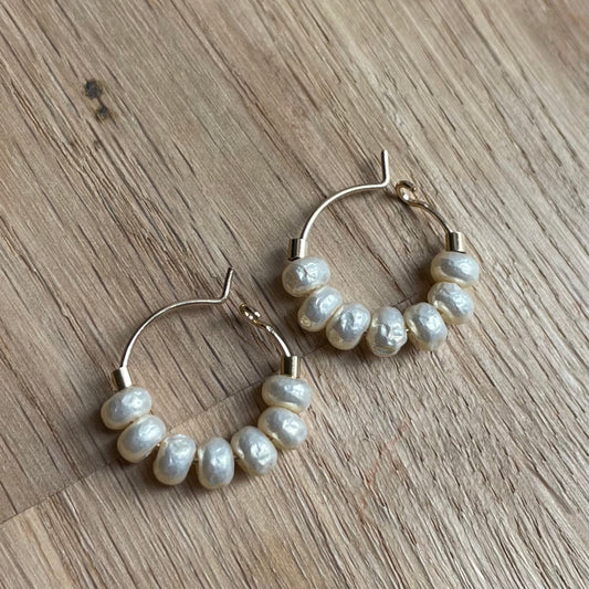 Mini Gold Filled Hoops Earrings with Pearl Style Glass Beads

