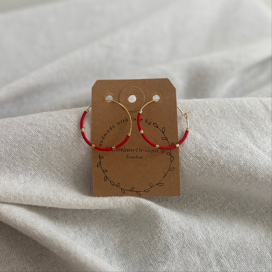 Large Gold Plated Hoop Earrings with Red Miyuki Glass Beads