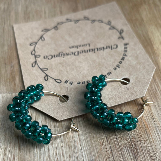 Gold Plated Hoop Earrings with Knitted Emerald Green Miyuki Glass Beads