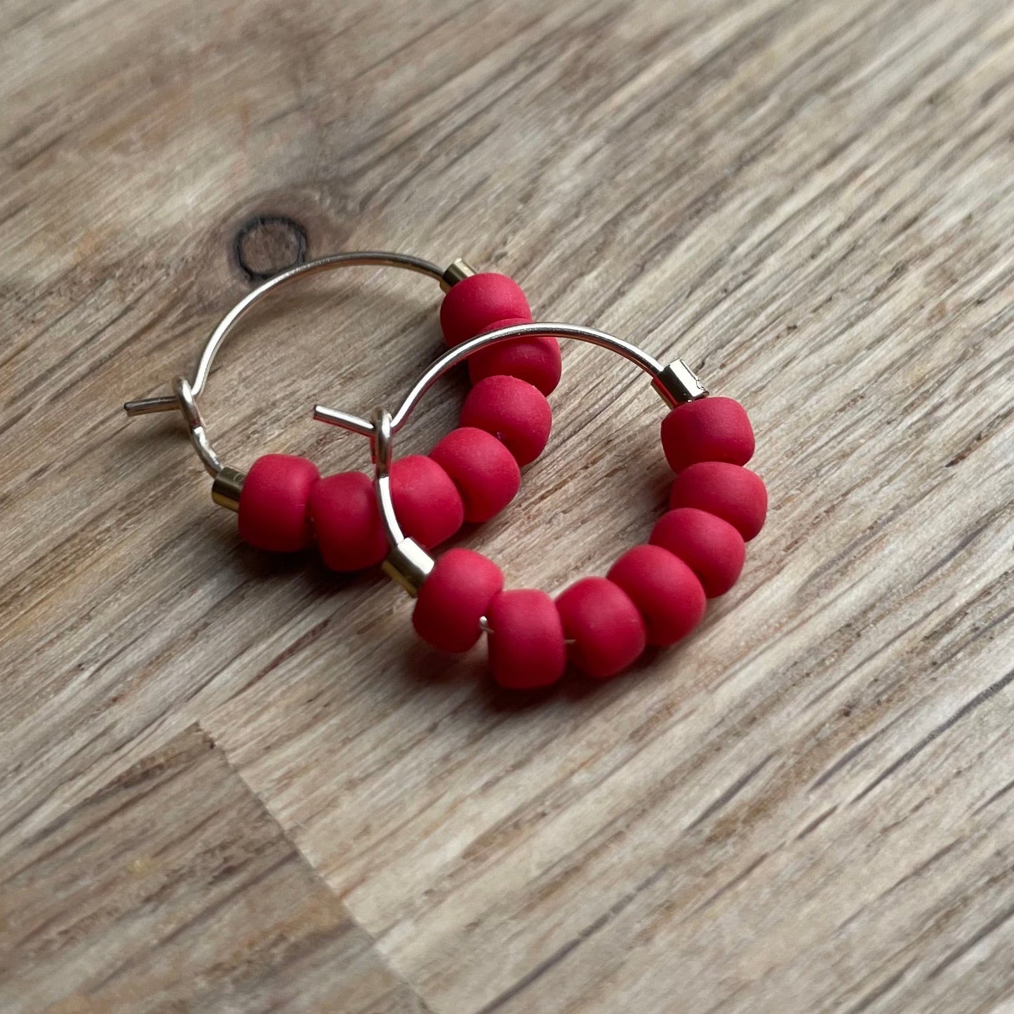 Mini Gold Filled Hoop Earrings with Scarlet Red Glass Beads
