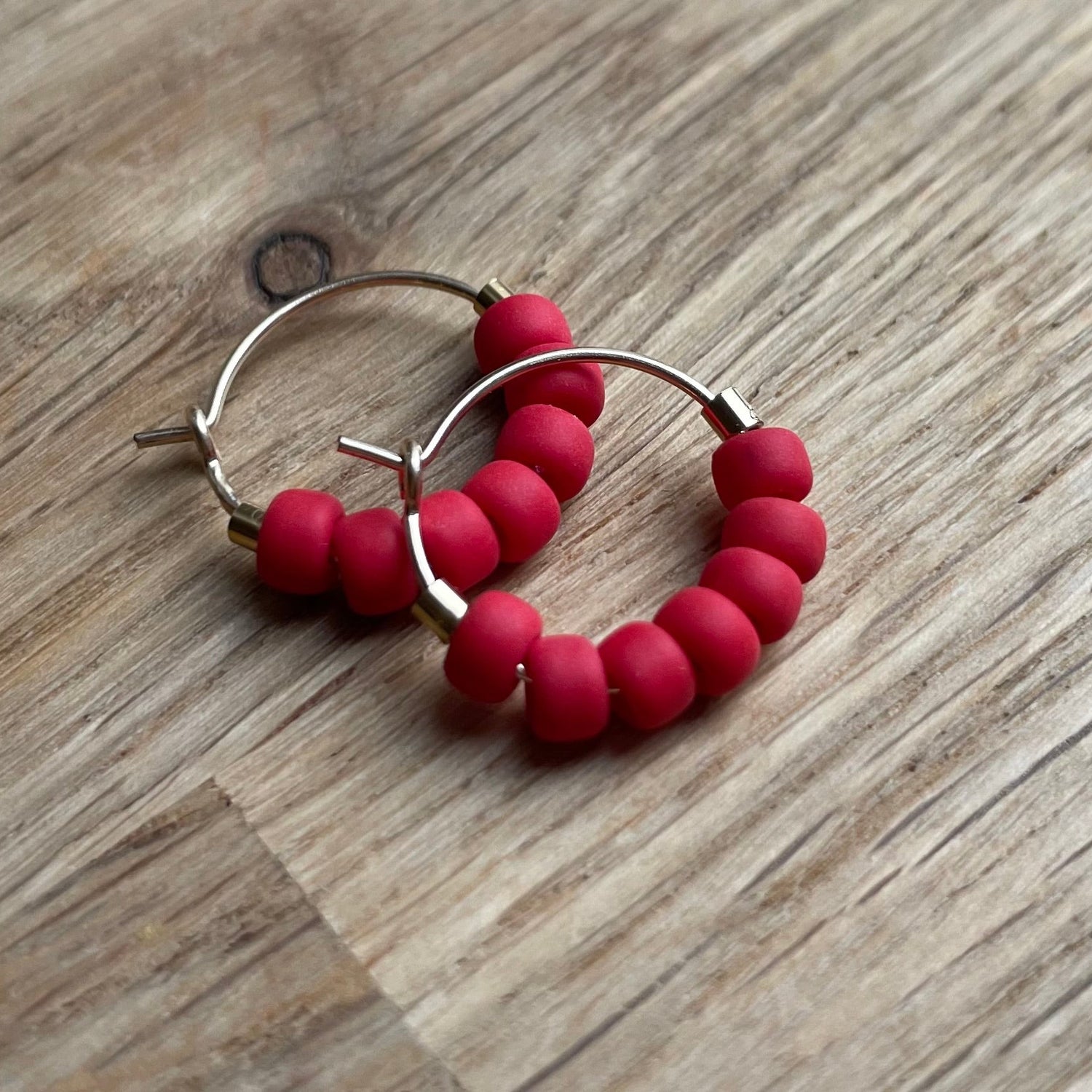 Mini Gold Filled Hoop Earrings with Scarlet Red Glass Beads
