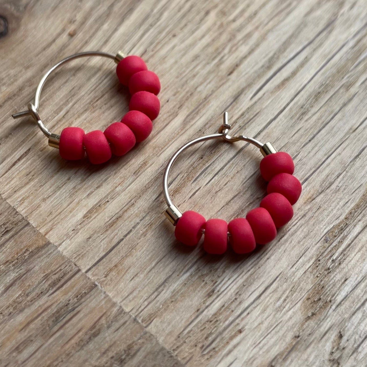 Mini Gold Filled Hoop Earrings with Scarlet Red Glass Beads