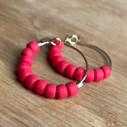 Medium Gold Filled Hoops Earrings with Scarlet Red Glass Beads