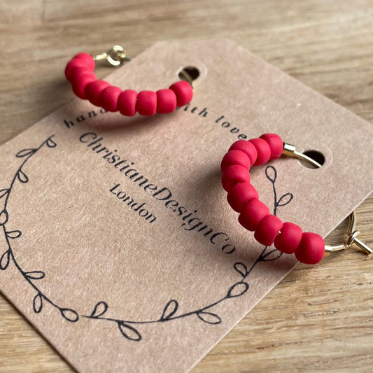 Medium Gold Filled Hoops Earrings with Scarlet Red Glass Beads