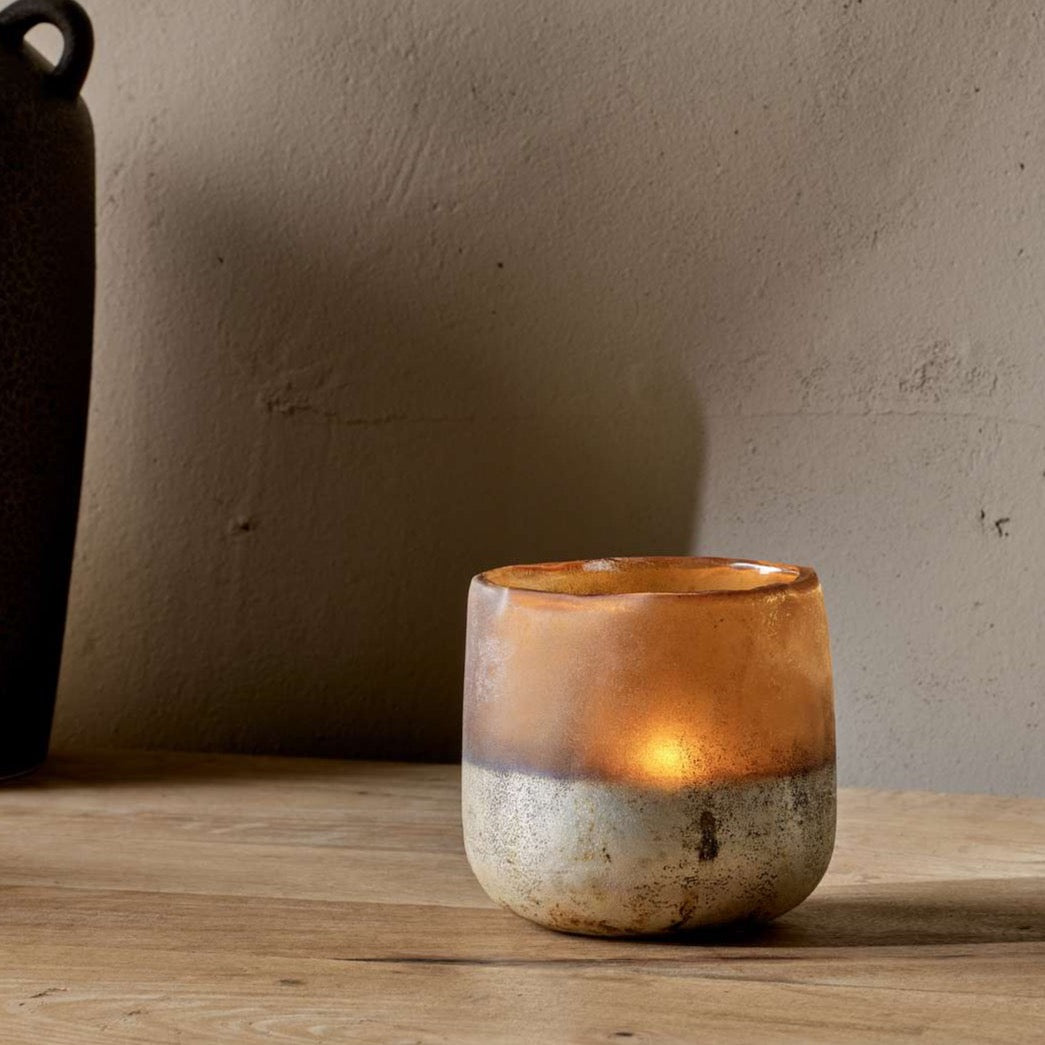 Ngolo Small Glass Tealight Holder in Antiqued Amber By Nkuku