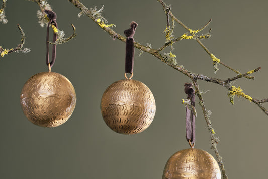 Manya Metal Round Christmas Baubles - Brass (Set of 3) By Nkuku
