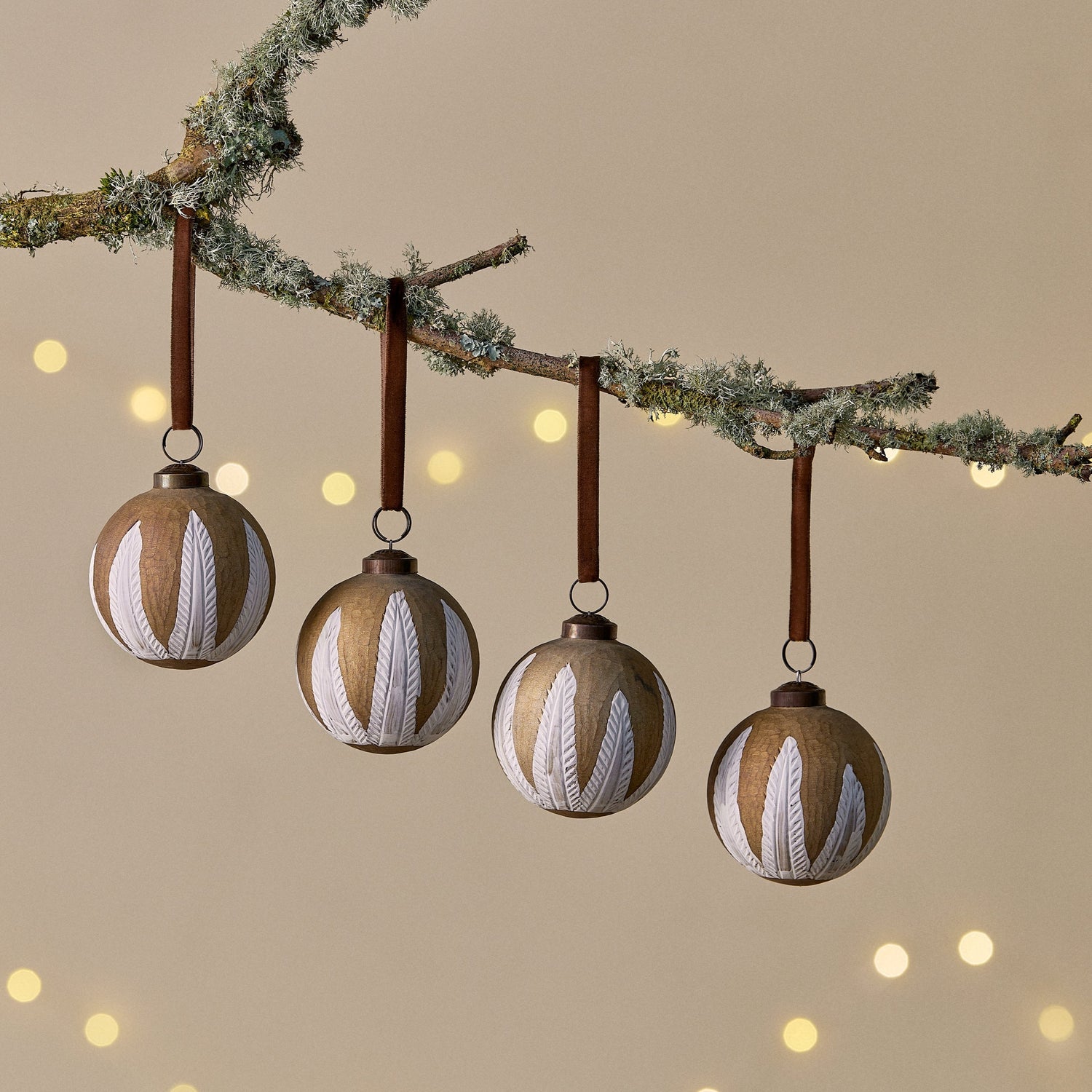 Nori Christmas Baubles in Gold & Cream (Set of 4) By Nkuku
