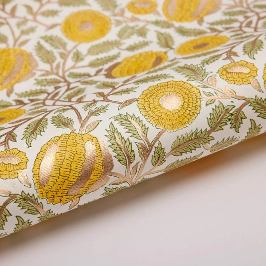 Hand Block Printed Gift Wrap Sheets - Marigold Glitz Sunshine By Paper Mirchi