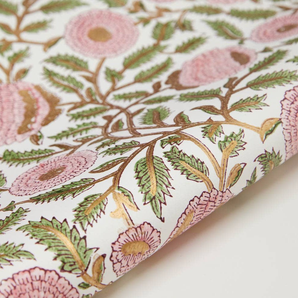 Hand Block Printed Gift Wrap Sheets - Marigold Glitz Blush By Paper Mirchi