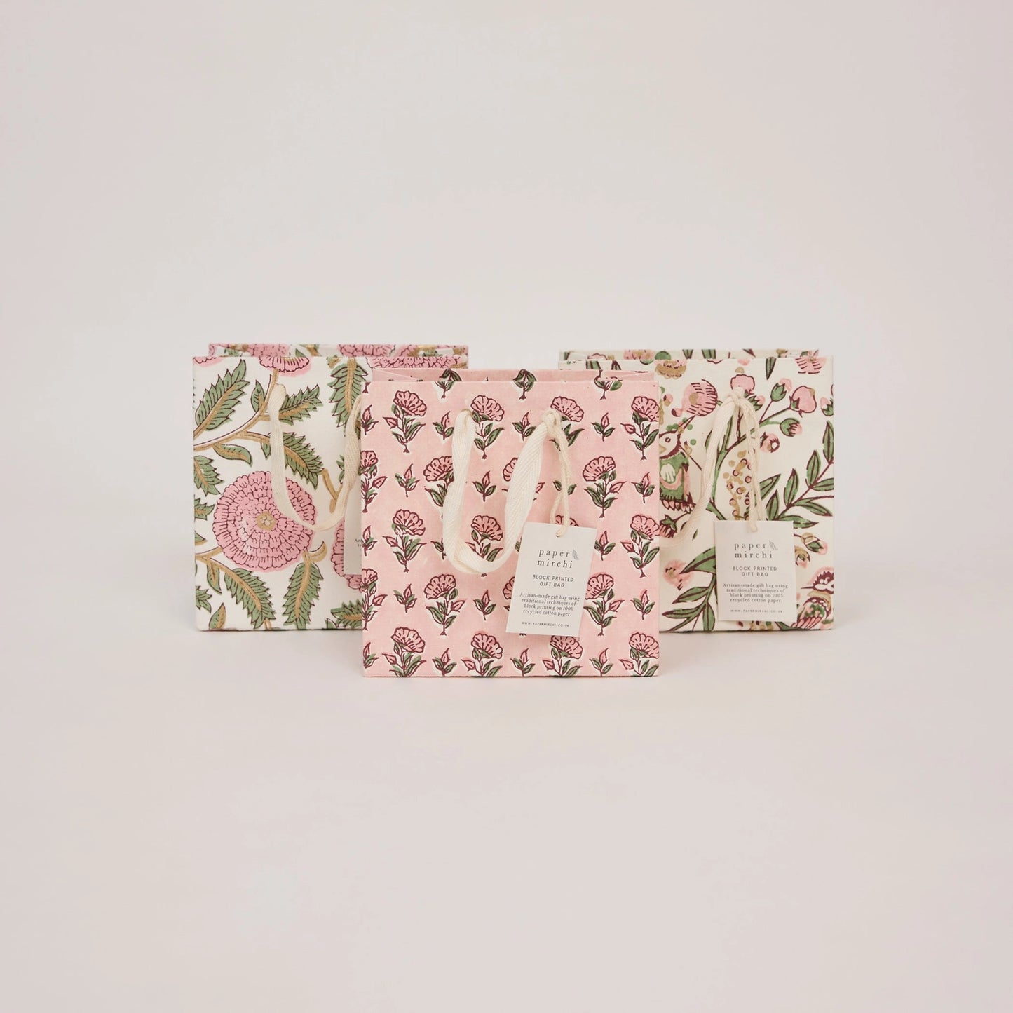 Small Hand Block Printed Gift Bag in Blush By Paper Mirchi