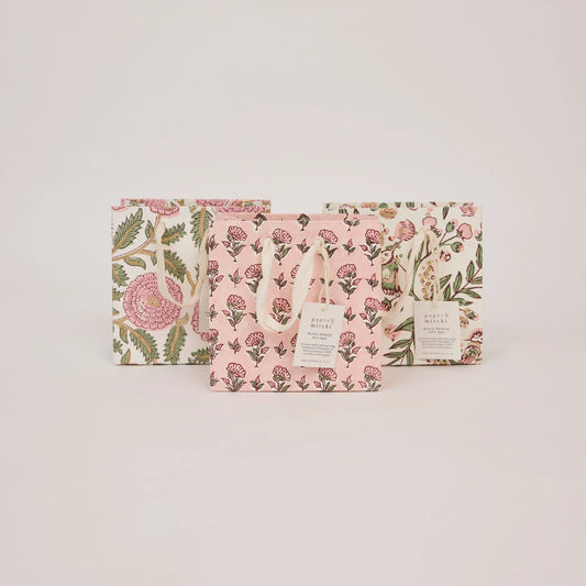 Small Hand Block Printed Gift Bag in Blush By Paper Mirchi
