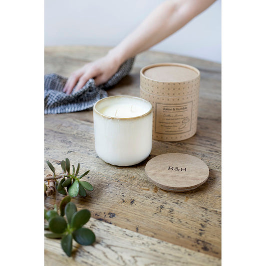 Sea Salt & Sage Natural Wax Candle in Pottery Canister By Raine & Humble