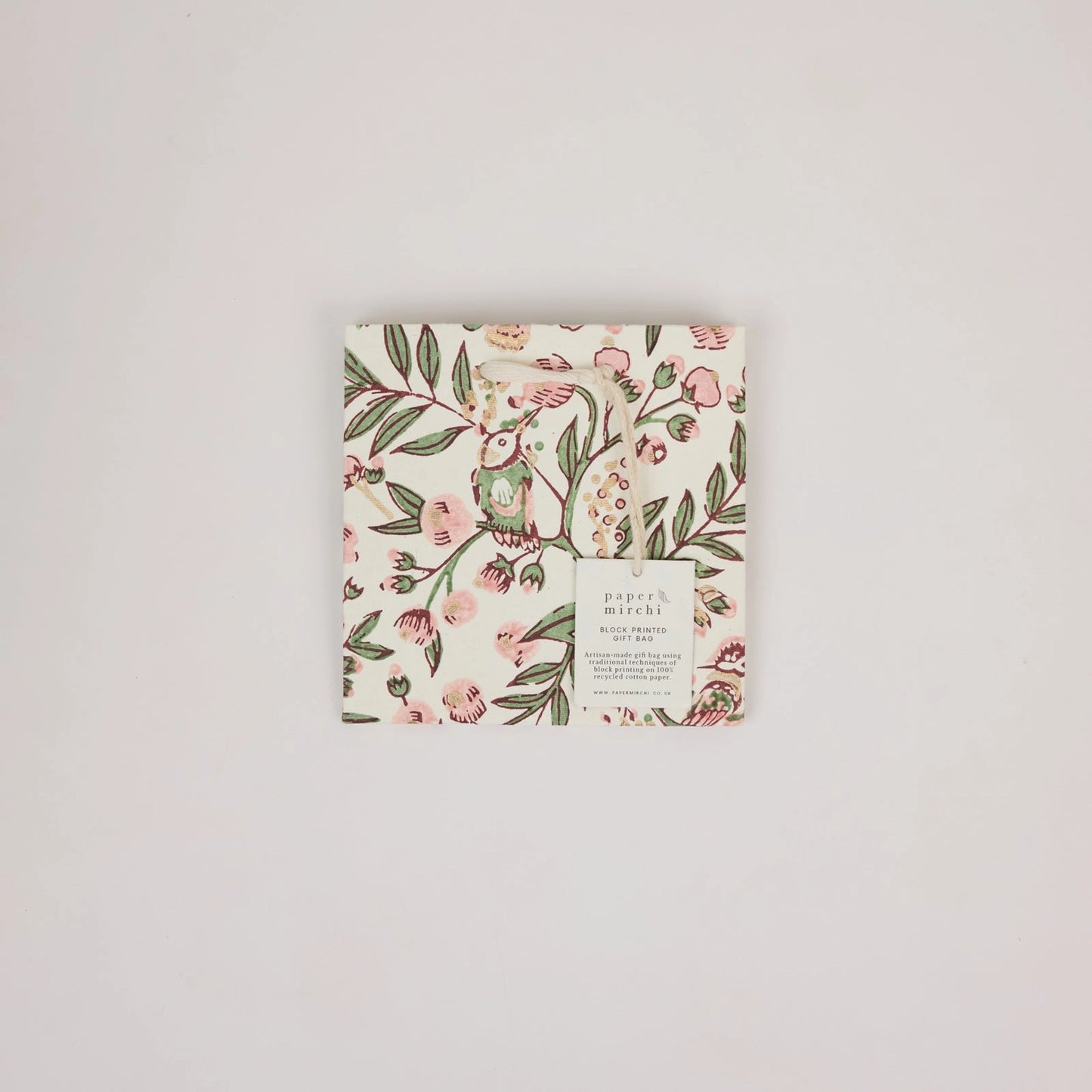 Small Hand Block Printed Gift Bag in Blush By Paper Mirchi