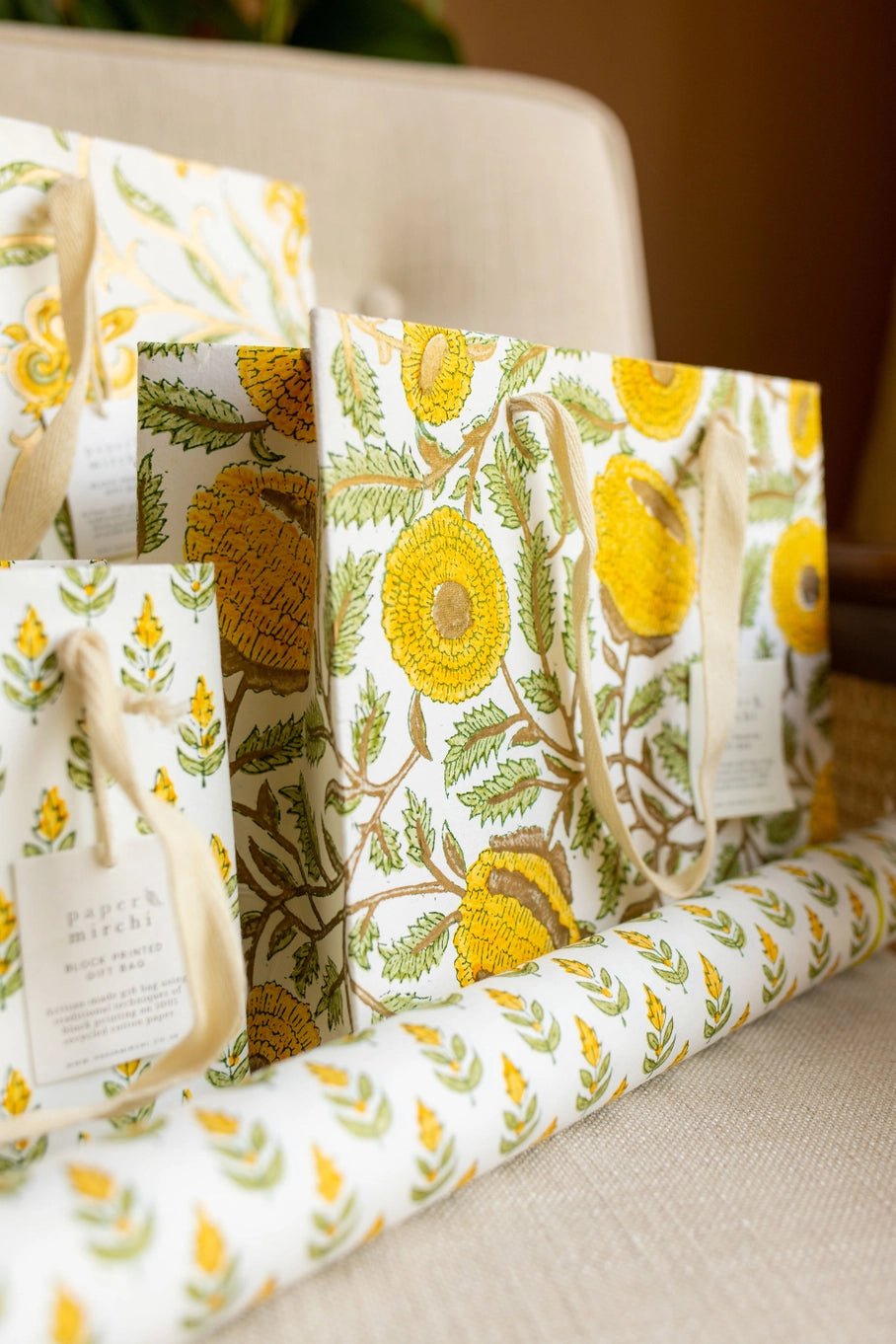 Medium Hand Block Printed Gift Bag in Sunshine By Paper Mirchi