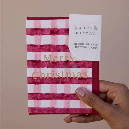 Block Printed Greeting Card - Gingham Christmas Pudding 