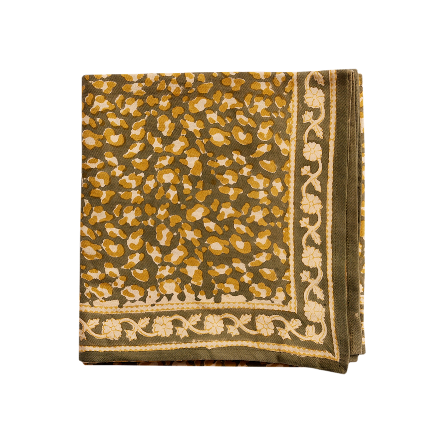 Large Leopard scarf printed with block print designed by Bonheur du Jour, handmade in India using the artisanal block print technique.


