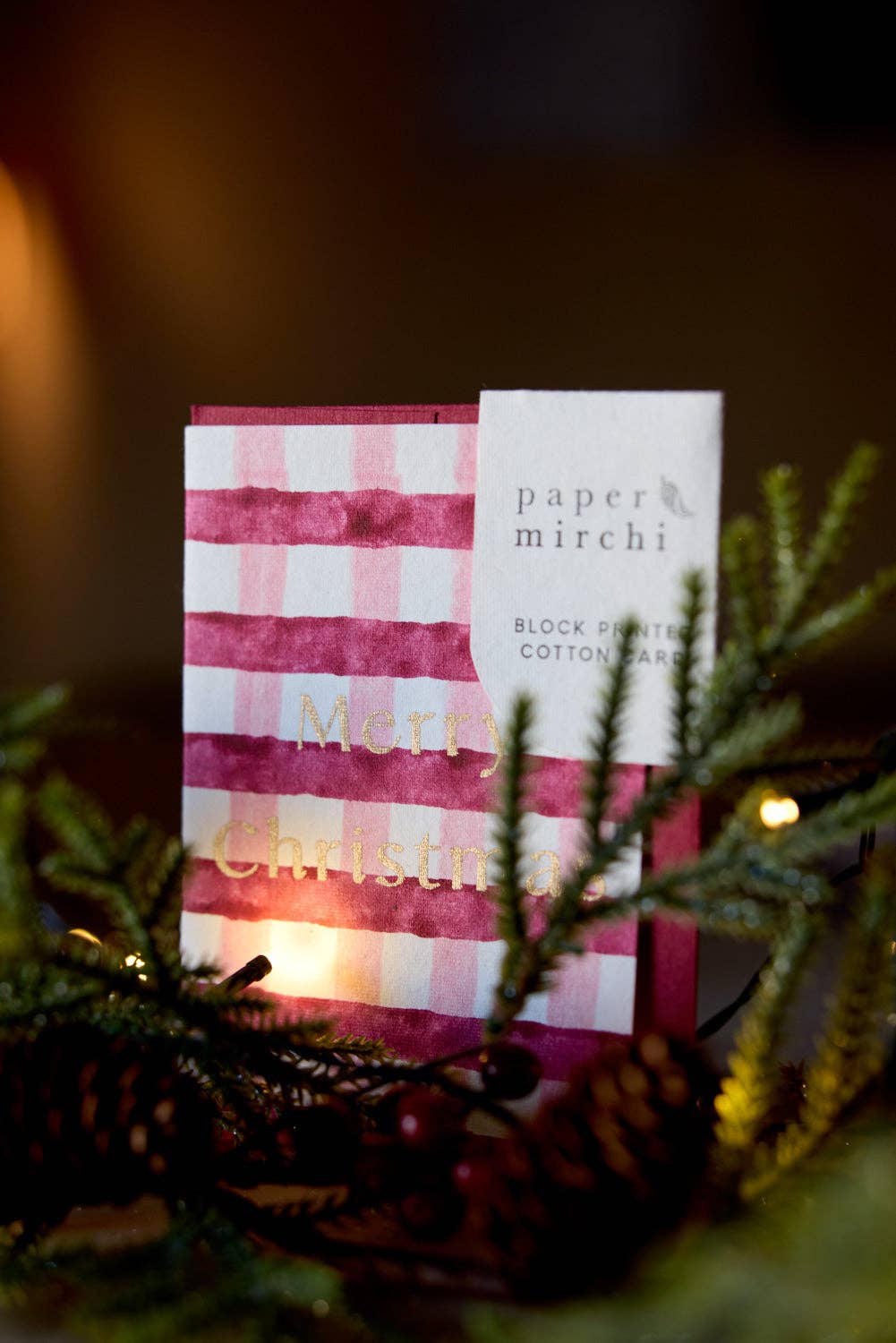 Block Printed Greeting Card - Gingham Christmas Pudding