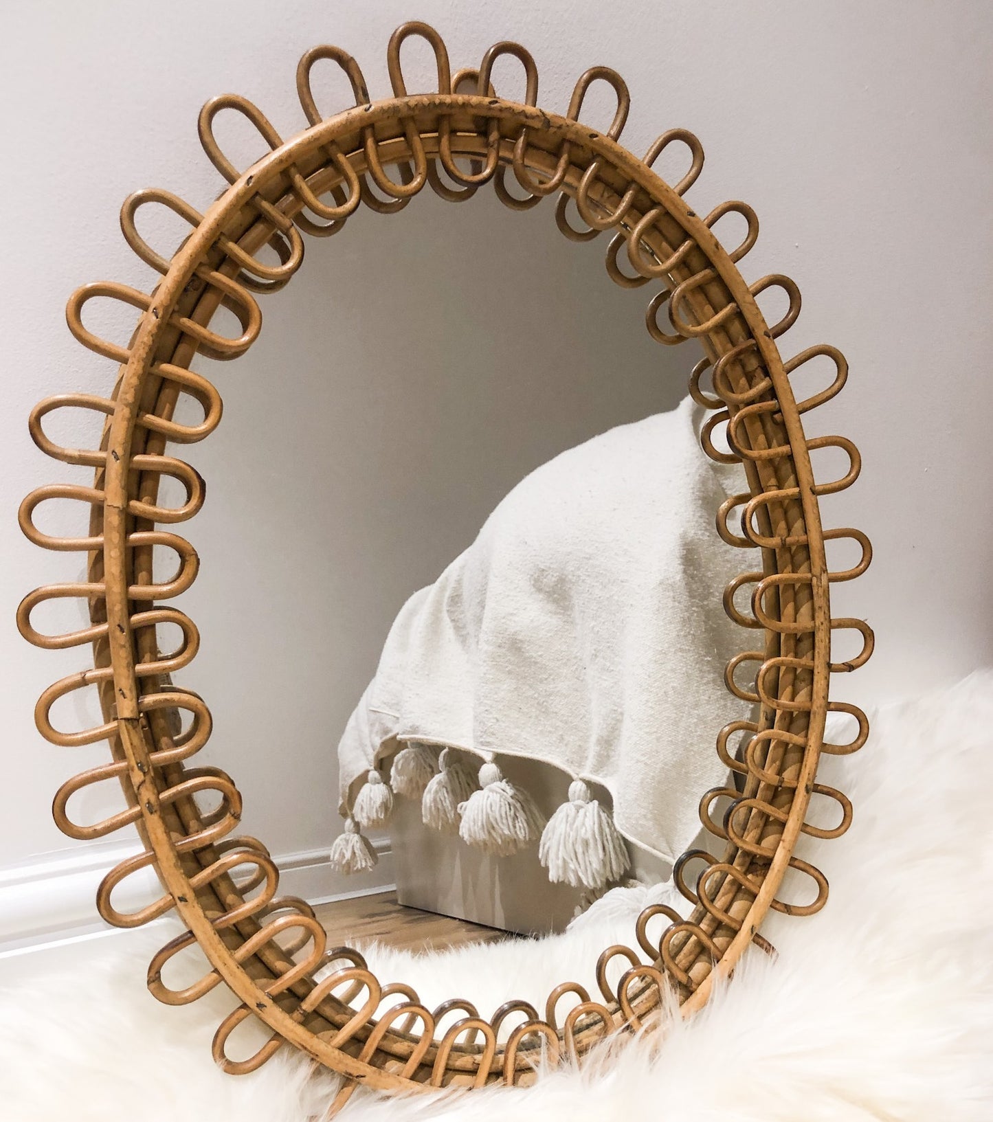 Rare 1950's Oval Italian Cane Mirror Attributed To Franco Albini
