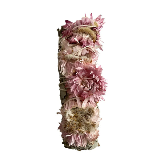 Pink Sunflowers and White Sage Smudge Stick 4"