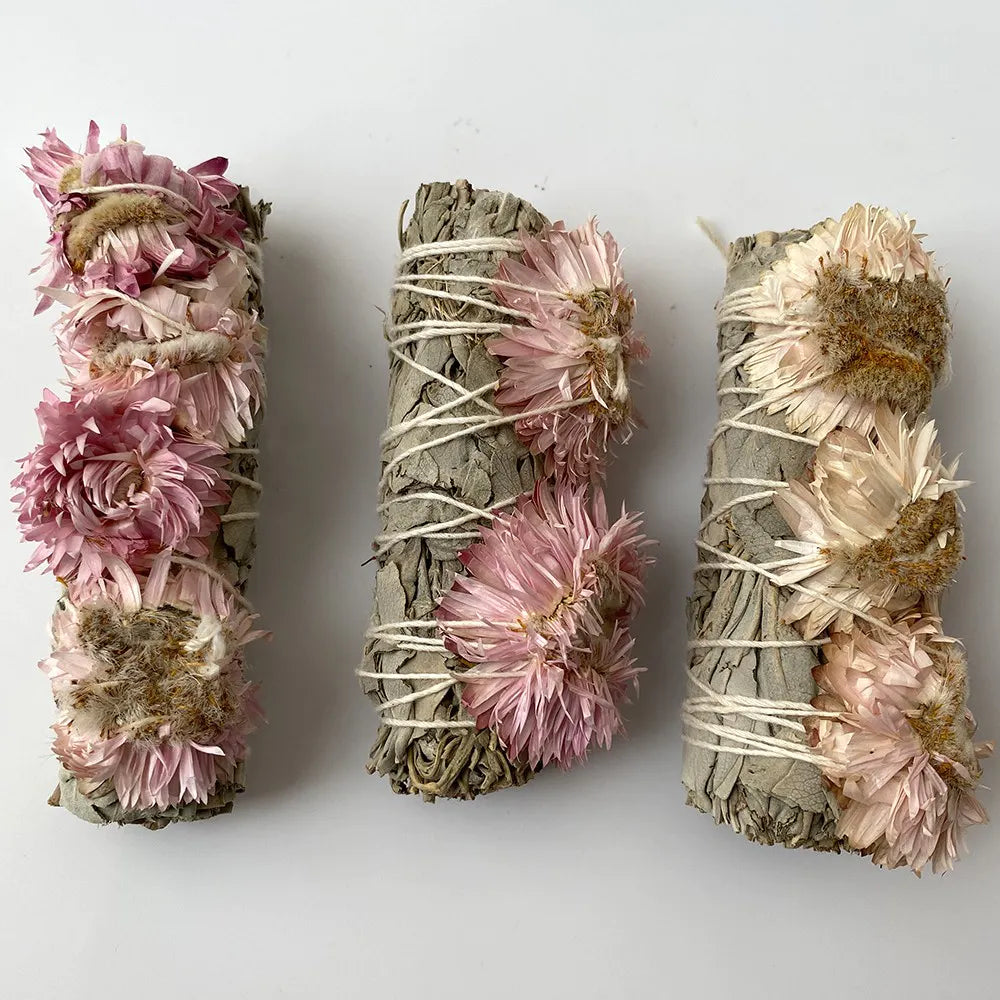 Pink Sunflowers and White Sage Smudge Stick 4"
