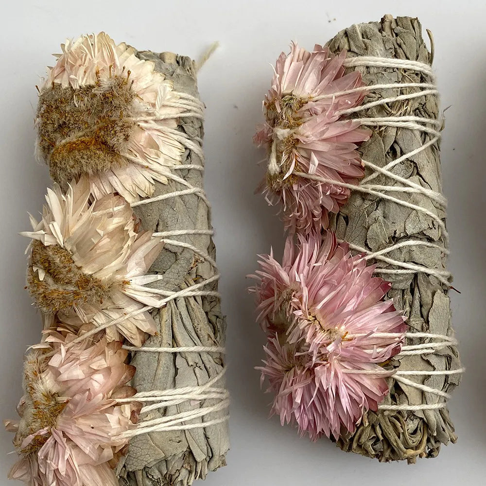 Pink Sunflowers and White Sage Smudge Stick 4"