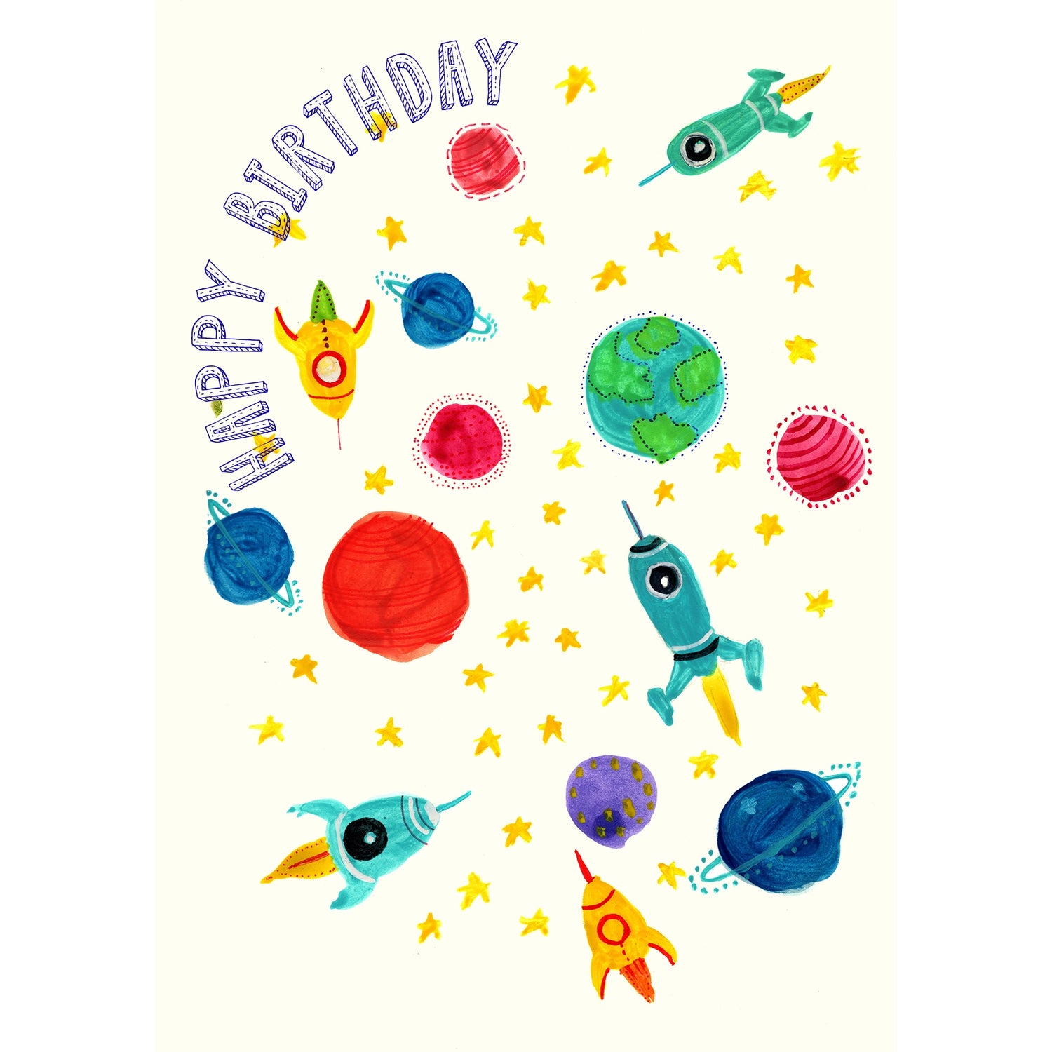 Happy Birthday Planets & Rockets Greetings Card by Maria Zvaric