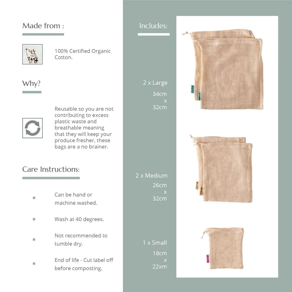Wild & Stone Reusable Mesh Produce Bags - Organic Cotton - Set of 5