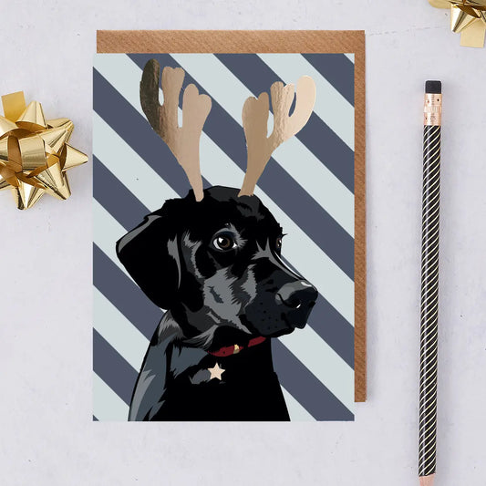 Black Labrador with Gold Antler Christmas Card By Lorna Syson