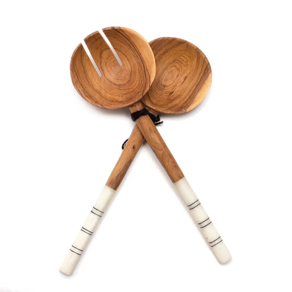 Large White Batik & Olive Wood Salad Servers