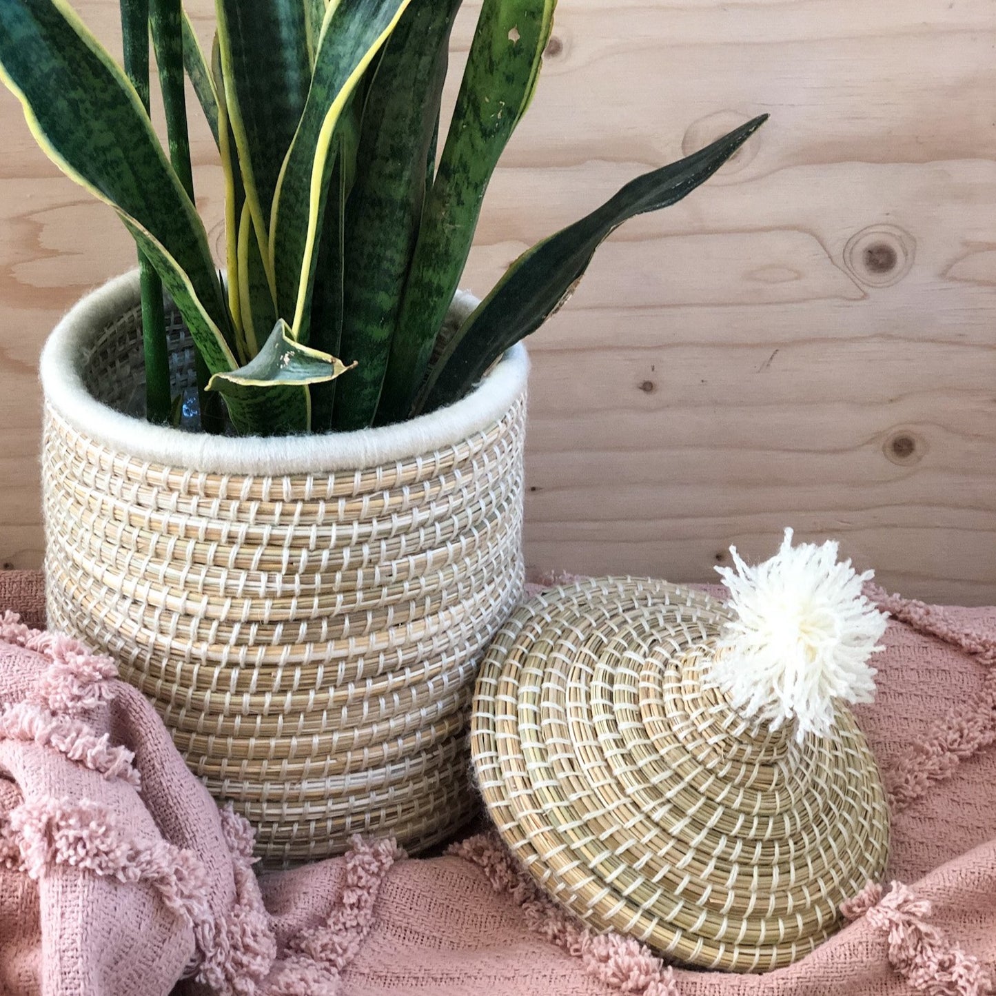 Berber Bread Basket In Natural Reed And White