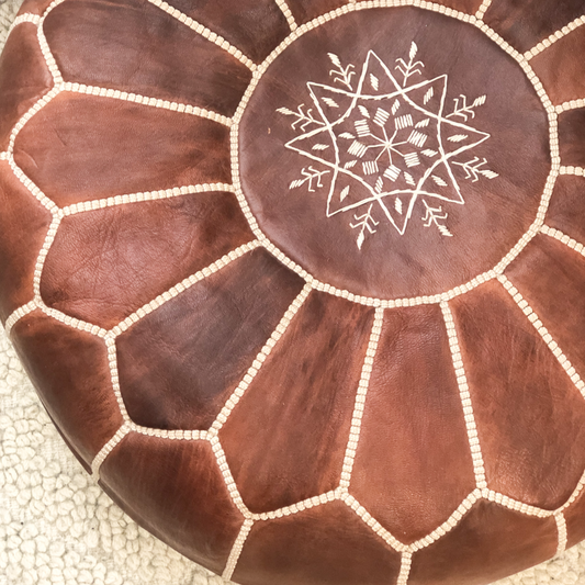 Moroccan Leather Pouffe in Dark Tan