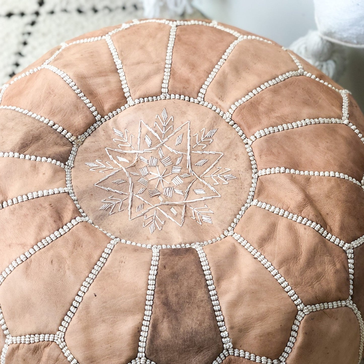 Moroccan Leather Pouffe in Light Tan