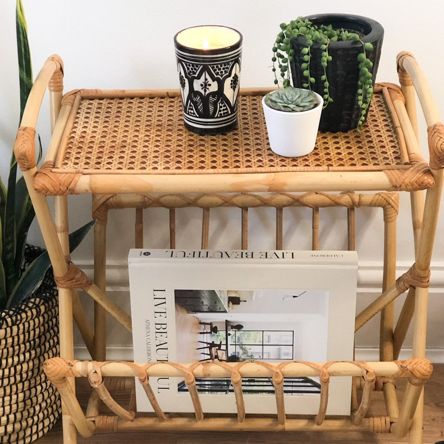 VINTAGE BAMBOO RATTAN MAGAZINE RACK WITH SHELF