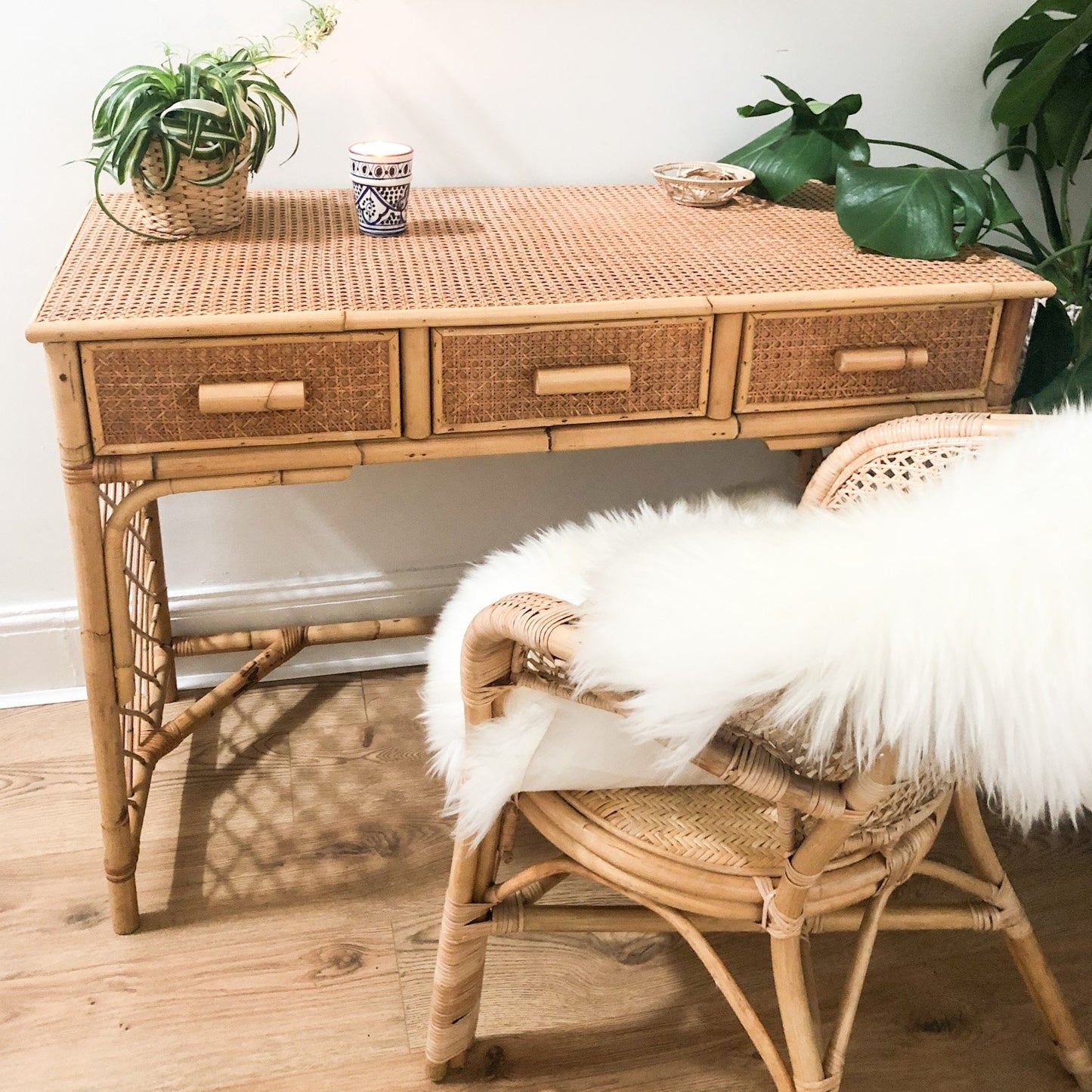 VINTAGE CANE & BAMBOO DRESSING TABLE CONSOLE