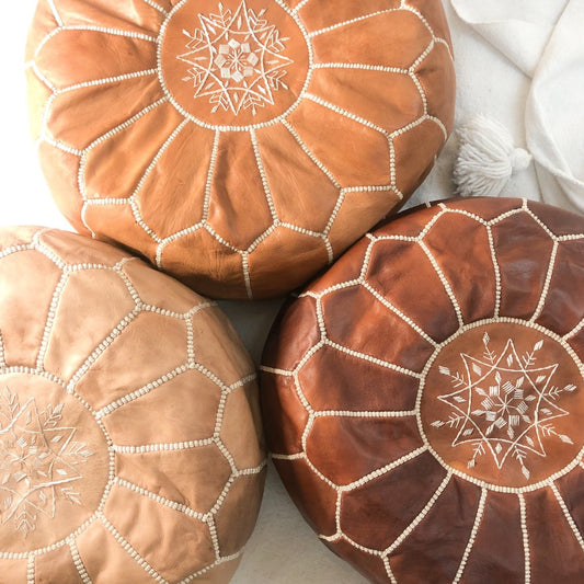 Moroccan Leather Pouffe in Light Tan