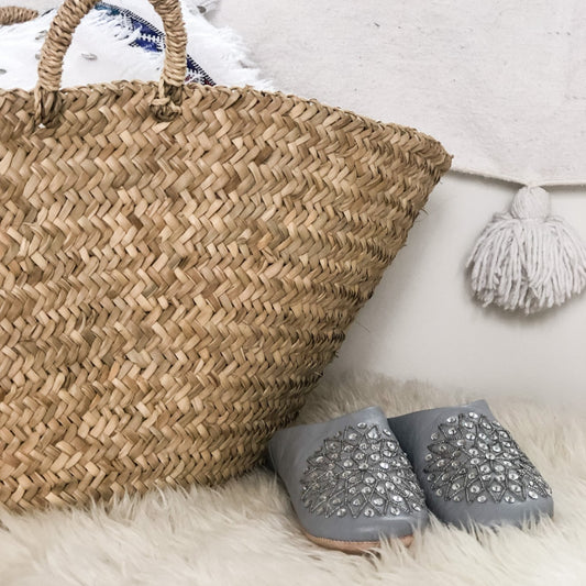 Moroccan Babouche Slippers In Light Grey