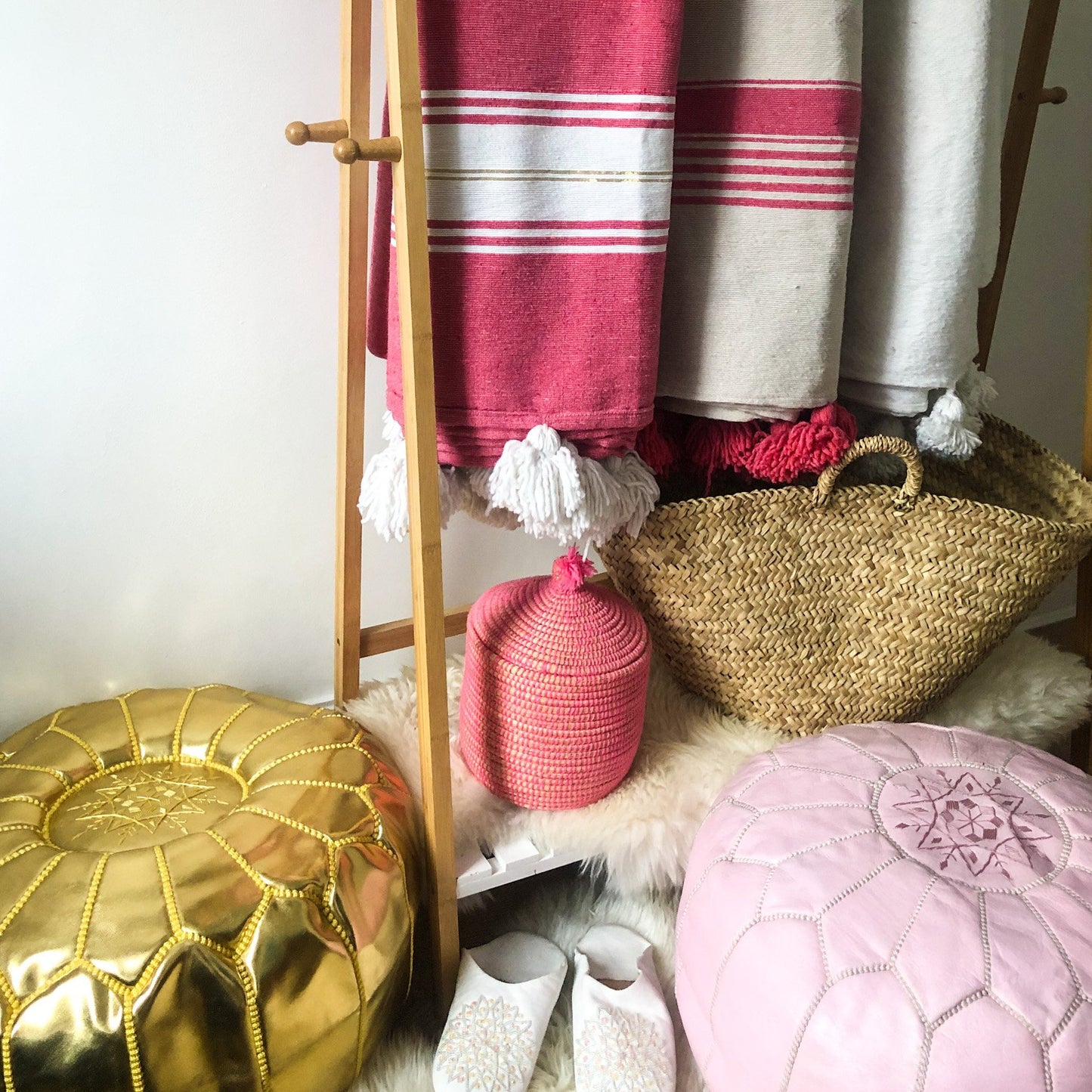 Moroccan Leather Pouffe in Soft Pink (EX-DISPLAY)