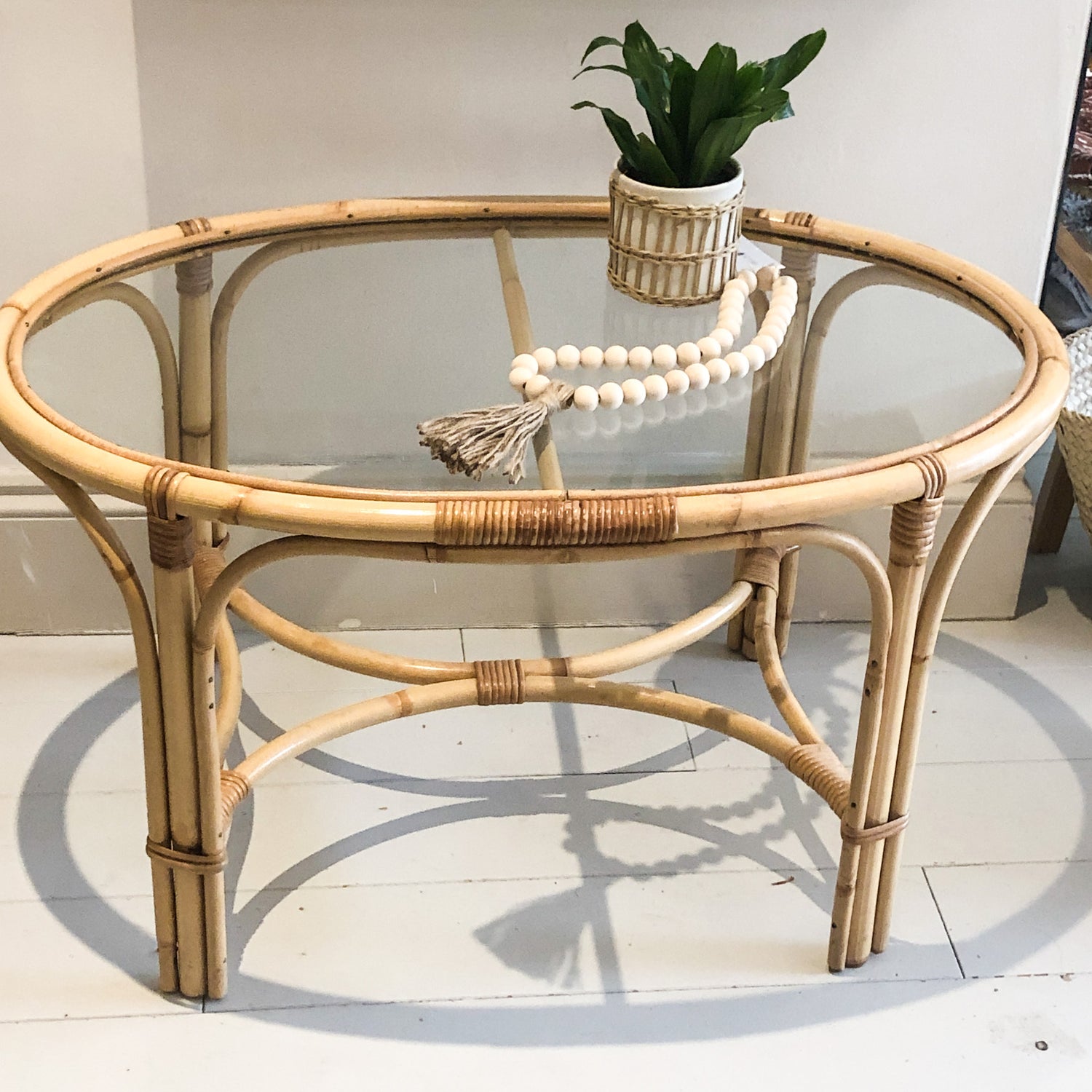 Vintage Oval Glass & Bamboo Coffee Table